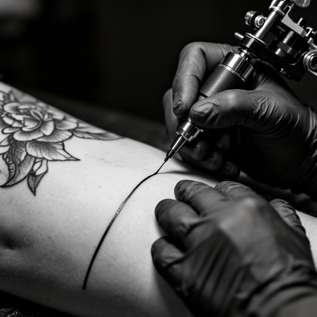 Tattoo artist drawing a single line at LayLow Tattoo Zakynthos